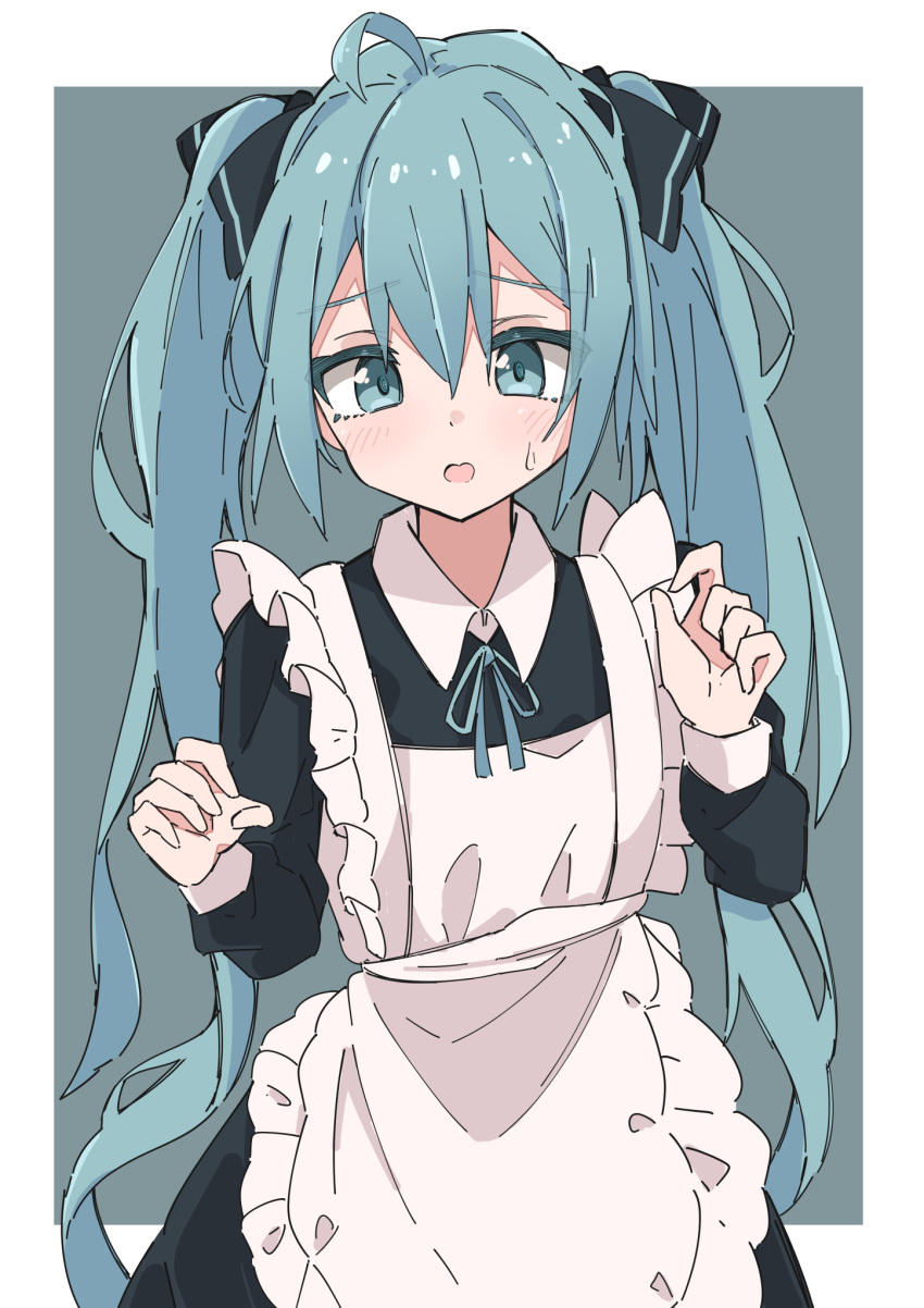 1girl apron bangs black_dress blue_eyes blue_hair blue_ribbon blush collared_dress dress eyebrows_visible_through_hair frilled_apron frills grey_background hair_between_eyes hands_up hatsune_miku highres long_hair long_sleeves looking_at_viewer maid_apron maud0239 neck_ribbon open_mouth ribbon solo sweat twintails two-tone_background very_long_hair vocaloid white_apron white_background