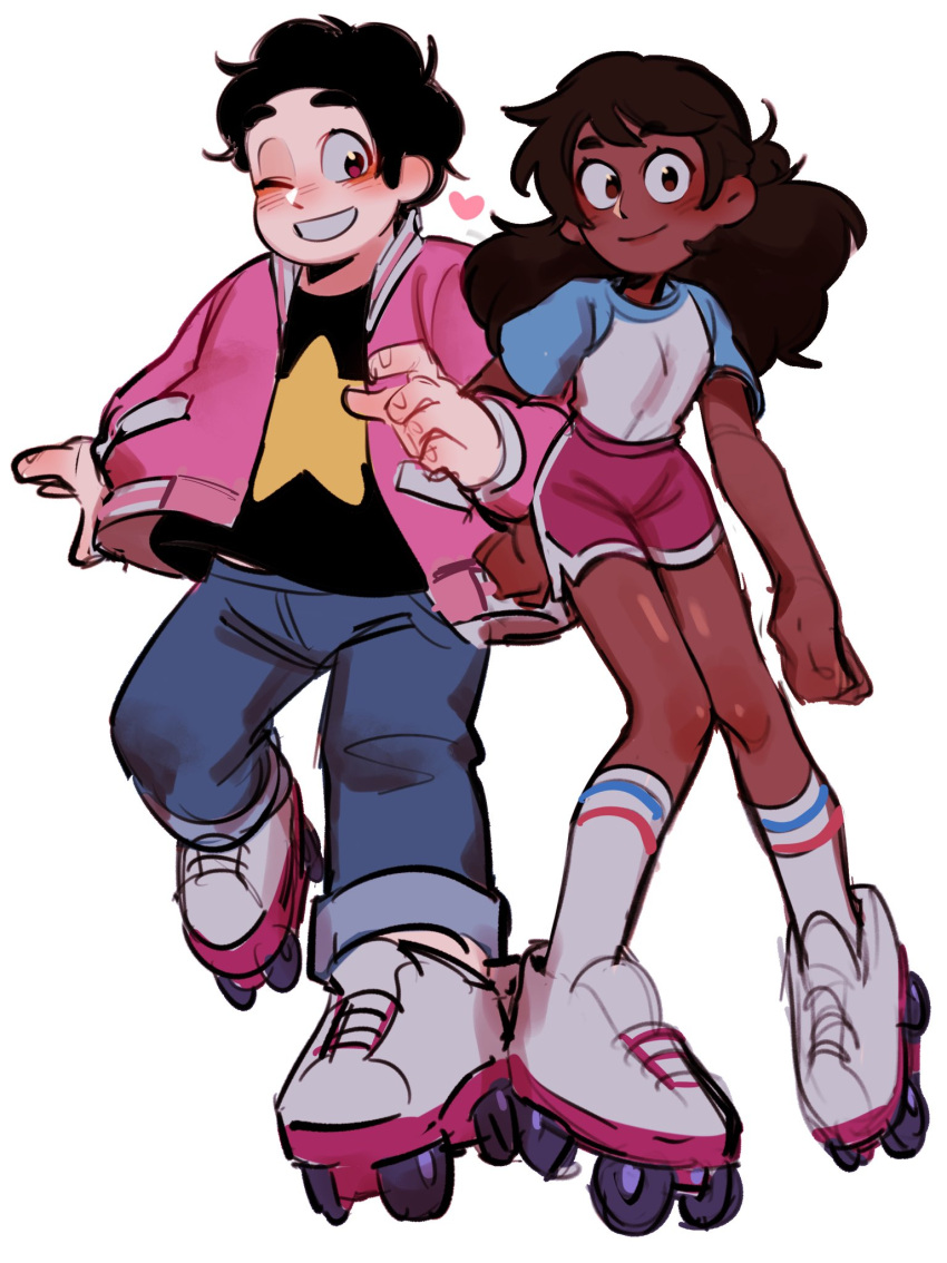 1boy 1girl ;d black_shirt blush closed_mouth connie_maheswaran dark-skinned_female dark_skin dolphin_shorts full_body grin heart highres inline_skates jacket looking_at_viewer one_eye_closed pink_jacket roller_skates shirt short_hair shorts skates smile star_(symbol) steven_quartz_universe steven_universe white_background winteamelon