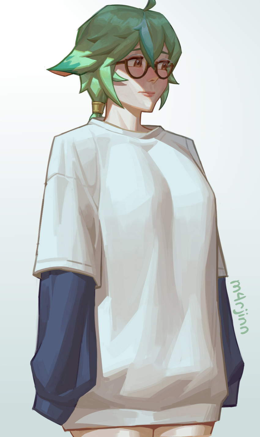 1girl absurdres ahoge baggy_clothes breasts brown_eyes cowboy_shot genshin_impact glasses gradient gradient_background green_hair highres large_breasts m4rjinn ponytail signature sleeves_past_fingers sleeves_past_wrists solo sucrose_(genshin_impact) sweater white_sweater