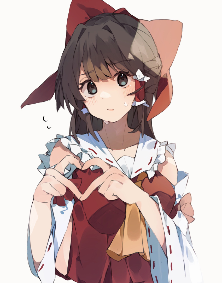 1girl ascot bangs bare_shoulders blush bow breasts brown_hair closed_mouth collarbone collared_shirt detached_sleeves eyebrows_visible_through_hair flying_sweatdrops frills gominami grey_background grey_eyes hair_between_eyes hair_ornament hair_tubes hakurei_reimu hands_up heart heart_hands highres long_sleeves looking_at_viewer medium_breasts nervous red_bow red_shirt shirt short_hair simple_background solo sweat sweatdrop symbol-only_commentary touhou upper_body wide_sleeves yellow_ascot