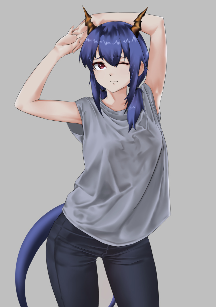 1girl absurdres arknights arms_up bangs bare_arms black_pants blue_hair casperrin ch'en_(arknights) commentary cowboy_shot dragon_horns dragon_tail eyebrows_visible_through_hair grey_background grey_shirt hair_between_eyes highres horns long_hair low_twintails one_eye_closed pants red_eyes shirt simple_background solo standing tail thighs twintails