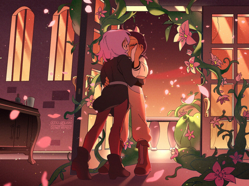 2girls amity_blight balcony brown_hair closed_eyes couple dark-skinned_female dark_skin door evening flower hand_on_another's_cheek hand_on_another's_face highres holding_hands jacket kiss letterman_jacket luz_noceda multiple_girls open_door petals pink_flower plant purple_hair spoilers standing su_ggushi the_owl_house vines yuri