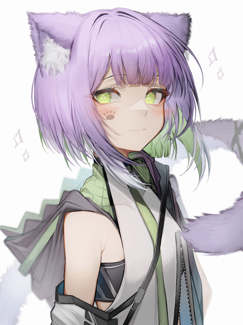 absurdres animal_ear_fluff animal_ears bangs blush cat_ears cat_girl cat_tail closed_mouth commission copyright_name green_eyes highres looking_at_viewer original paw_print purple_hair short_hair simple_background skeb_commission smile tab_head tail upper_body white_background