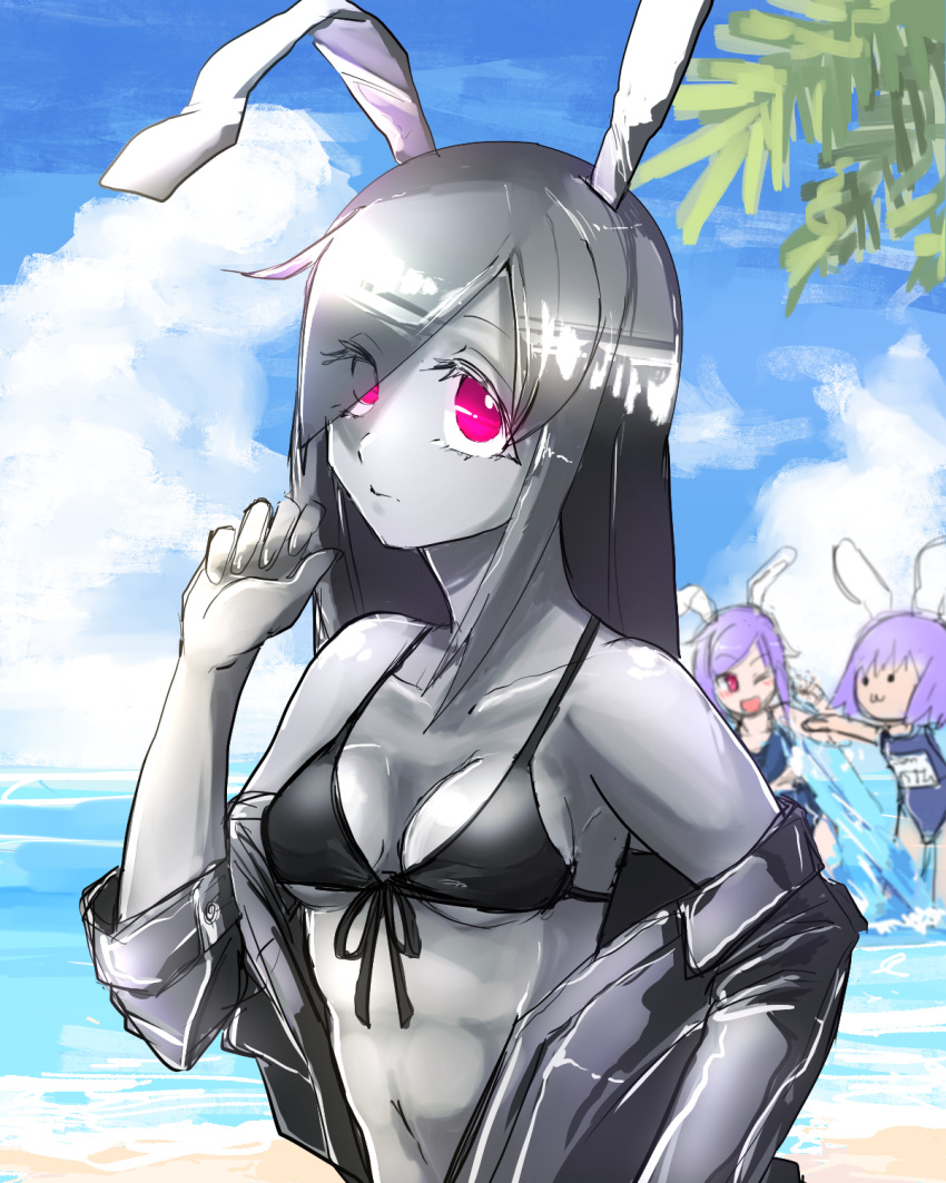 3girls :3 :d animal_ears bangs beach bikini black_bikini blue_sky blue_swimsuit breasts closed_mouth clouds colored_skin commentary_request cookie_(touhou) day expressionless eyebrows_visible_through_hair eyes_visible_through_hair fake_hisui_(cookie) grey_hair grey_jacket grey_skin hair_between_eyes highres hisui_(cookie) horizon jacket long_hair looking_at_another looking_at_viewer medium_breasts metal_hisui_(cookie) metal_skin multiple_girls navel ocean off_shoulder one_eye_closed outdoors palm_tree purple_hair rabbit_ears red_eyes reisen_udongein_inaba school_swimsuit shimosuke short_hair sky smile solid_circle_eyes solo_focus splashing swept_bangs swimsuit touhou tree upper_body water