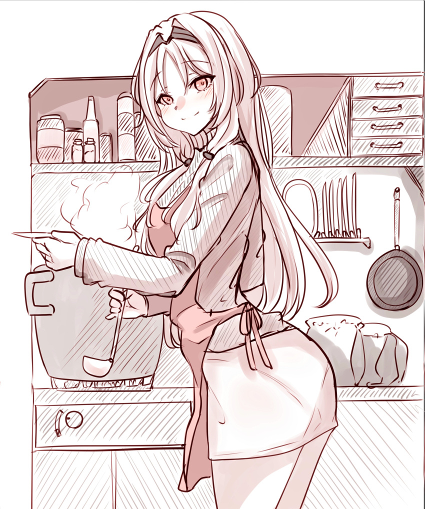 1girl absurdres an-94_(girls'_frontline) apron english_commentary girls_frontline hairband highres holding holding_ladle holding_plate kitchen ladle long_hair long_sleeves monochrome pencil_skirt peroronti plate pot shirt skirt smile solo steam turtleneck
