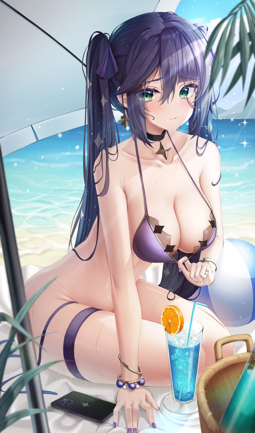 1girl absurdres arm_support ball bangs bare_shoulders beach beachball bikini black_hair blue_sky blush bow bracelet breasts cellphone clouds collar collarbone commentary cup day drinking_straw duplicate eyebrows_visible_through_hair food fruit genshin_impact green_eyes hair_bow highres hsxxx ice jewelry long_hair looking_at_viewer medium_breasts mona_(genshin_impact) nail_polish ocean orange_(fruit) orange_slice outdoors phone pixel-perfect_duplicate pulled_by_self purple_nails shiny shiny_hair shiny_skin simple_background sitting sky solo sparkle sweat sweatdrop swimsuit thighs tropical_drink water