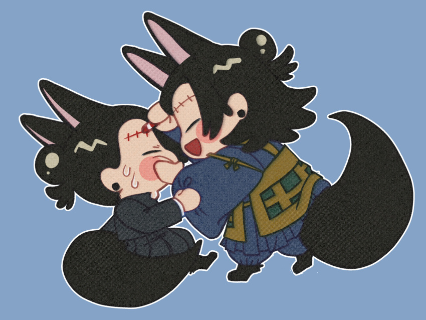 2boys absurdres animal_ears black_hair blue_background blush chibi closed_eyes commentary_request drawing_on_another's_face dual_persona earrings fox_boy fox_ears fox_tail full_body getou_suguru hair_bun hand_on_another's_cheek hand_on_another's_face highres id_dal_rae jewelry jujutsu_kaisen kemonomimi_mode korean_commentary long_sleeves male_focus multiple_boys open_mouth scar scar_on_face scar_on_forehead short_hair simple_background single_hair_bun sitting smile standing tail