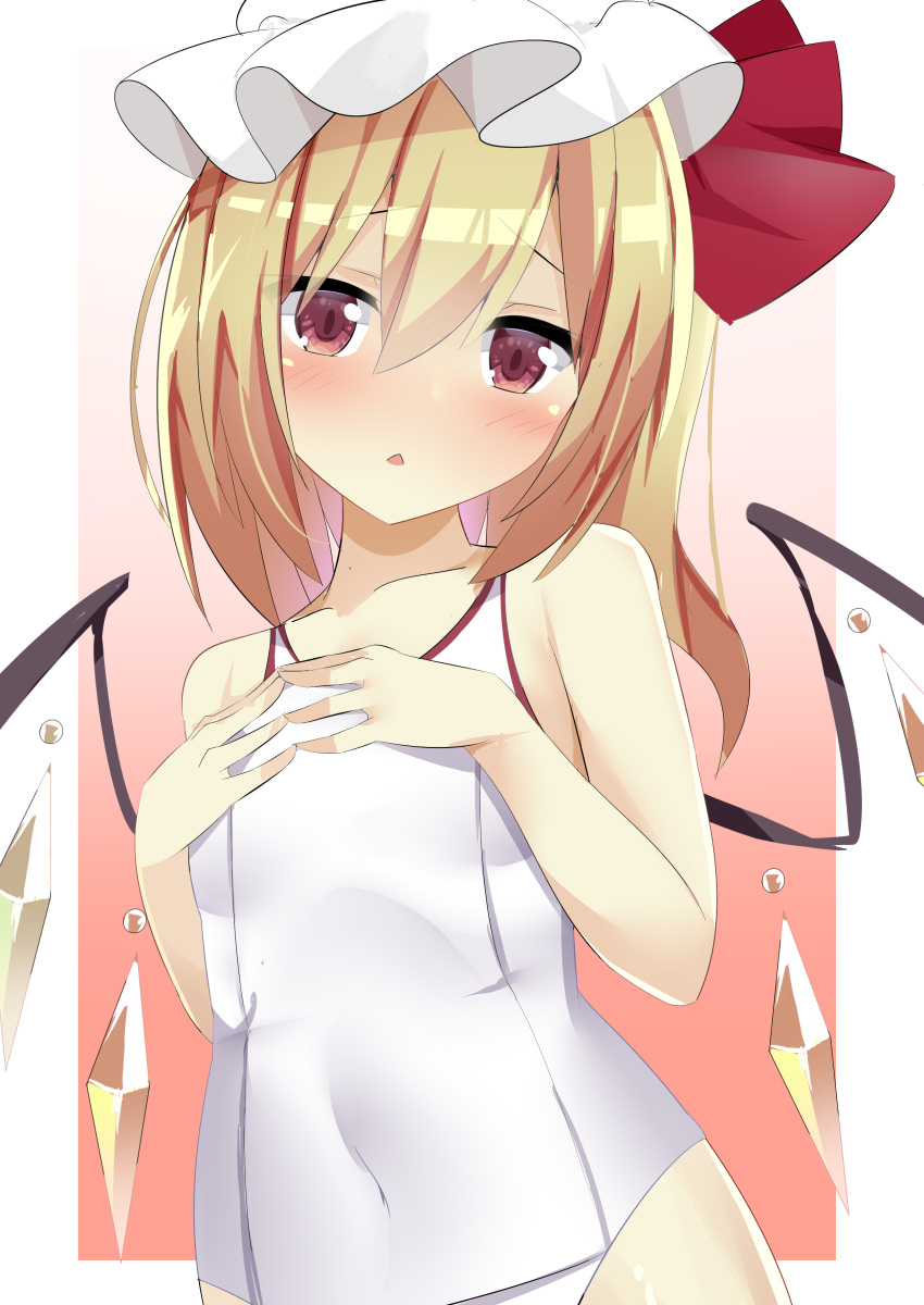 1girl 9150namihana absurdres bare_shoulders blonde_hair blush commentary_request crystal eyebrows_behind_hair flandre_scarlet gradient gradient_background hair_between_eyes hands_on_own_chest hat head_tilt highres impossible_clothes looking_at_viewer medium_hair mob_cap one-piece_swimsuit open_mouth orange_background red_eyes shiny shiny_hair solo swimsuit teeth touhou triangle_mouth upper_teeth white_headwear white_swimsuit wings
