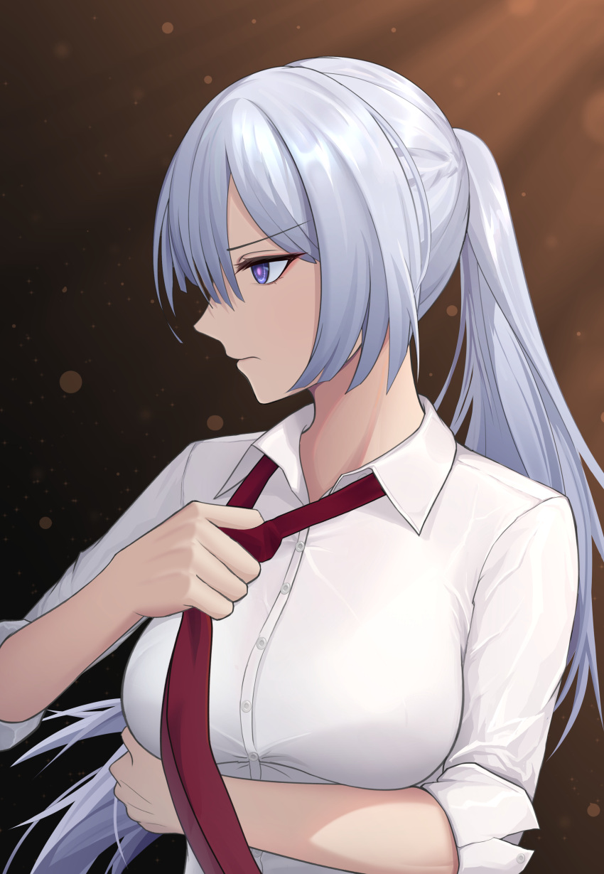 1girl absurdres ak-15_(girls'_frontline) bangs breasts closed_mouth commentary constantine-xii crossed_arms eyebrows_visible_through_hair girls_frontline highres holding_necktie light_blue_hair long_hair looking_away medium_breasts necktie official_alternate_costume ponytail profile red_necktie serious shirt simple_background solo upper_body violet_eyes white_shirt