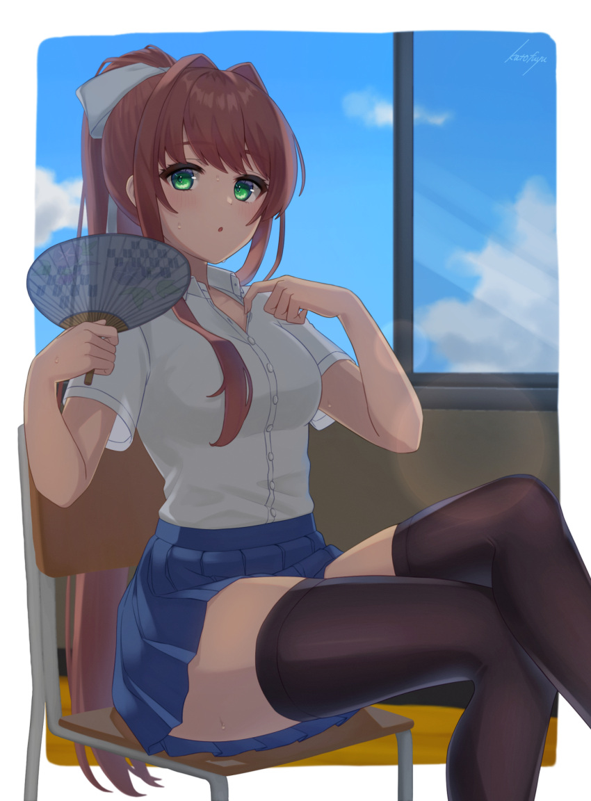 1girl :o artist_name bangs black_legwear blue_skirt blue_sky blush bow brown_hair chair clouds commentary_request crossed_legs doki_doki_literature_club eyebrows_visible_through_hair green_eyes hair_bow hand_fan highres holding holding_fan indoors kato_fuyu long_hair looking_at_viewer monika_(doki_doki_literature_club) over-kneehighs ponytail school_uniform shirt short_sleeves sidelocks sitting skirt sky solo thigh-highs watermark white_bow white_shirt window