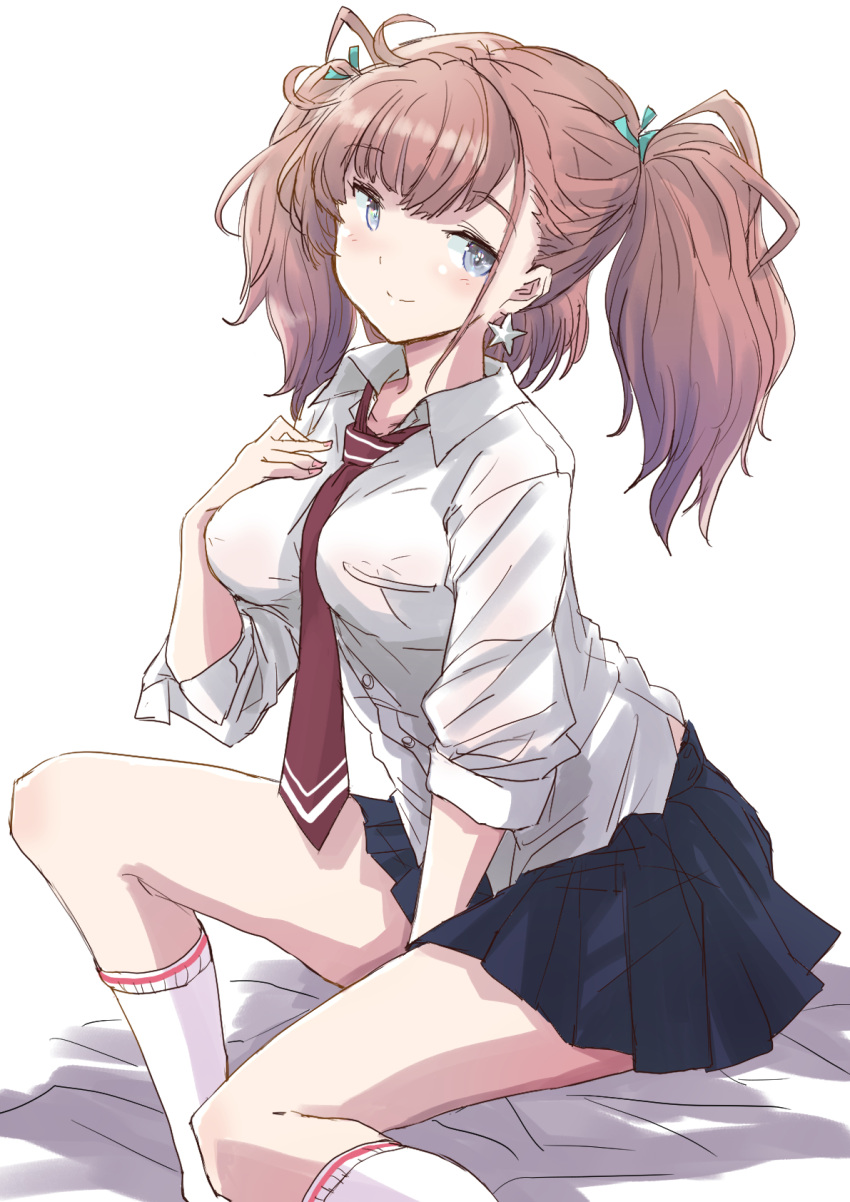 1girl alternate_costume atlanta_(kancolle) black_skirt breasts brown_hair collared_shirt commentary_request dress_shirt earrings feet_out_of_frame fuji_(pixiv24804665) grey_eyes highres jewelry kantai_collection kneehighs large_breasts long_hair looking_at_viewer necktie red_necktie school_uniform shirt sitting skirt smile solo star_(symbol) star_earrings two_side_up white_legwear white_shirt