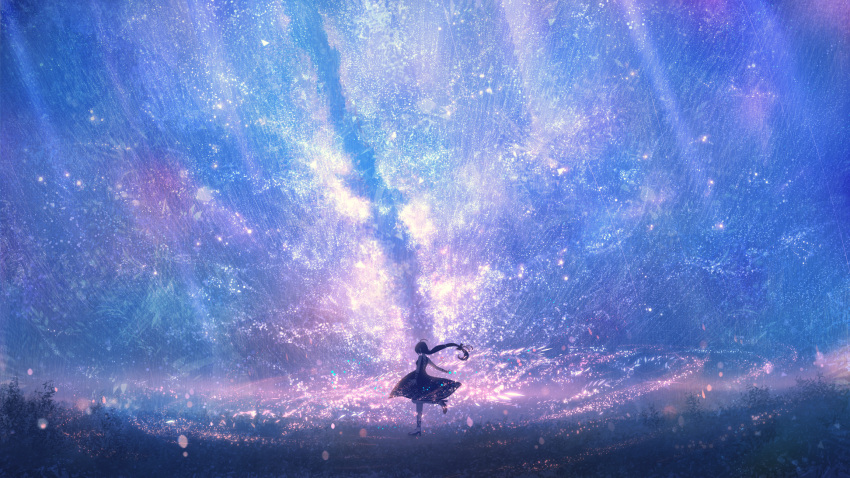 1girl ahoge blue_sky blurry bokeh bow commentary_request dancing depth_of_field dress facing_away full_body gradient_sky hair_bow highres leg_up long_hair original outstretched_arms pink_sky purple_dress sakimori_(hououbds) scenery shooting_star sky star_(sky) starry_sky tree