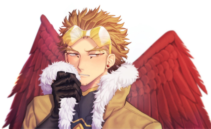 1boy 5cara_cara5 beard black_gloves blonde_hair boku_no_hero_academia coat commentary_request earrings facial_hair feathered_wings frills gloves goatee goggles goggles_on_head hawks_(boku_no_hero_academia) jewelry male_focus red_feathers red_wings short_hair simple_background spiky_hair stubble white_background wings yellow_eyes