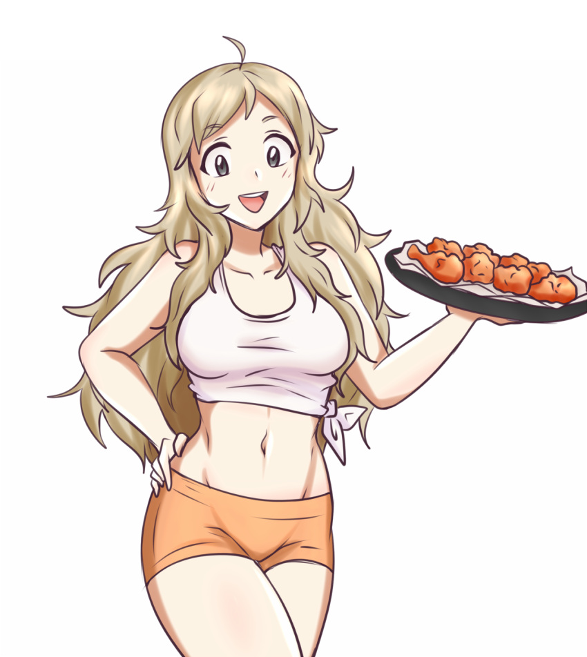 1girl bangs bare_shoulders blonde_hair breasts chicken_wing fire_emblem fire_emblem_fates grey_eyes hayato_stuff highres hooters long_hair looking_at_viewer medium_breasts midriff navel ophelia_(fire_emblem) short_shorts shorts solo upper_body