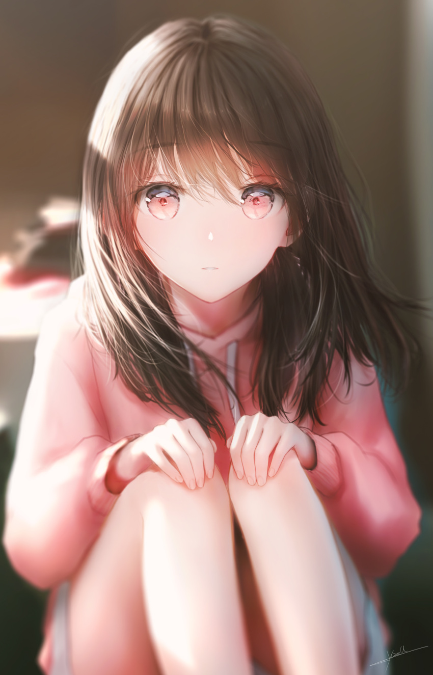 1girl :o bangs blurry blurry_background brown_hair expressionless hands_on_own_knees hands_up highres hood hoodie indoors knees_up long_hair long_sleeves looking_at_viewer ojay_tkym original parted_lips pink_eyes pink_hoodie sitting solo sunlight