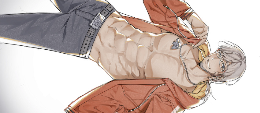1boy abs absurdres arurandeisu beard belt belt_buckle black_pants buckle cowboy_shot drawstring dutch_angle facial_hair glasses grey_eyes grey_hair grin highres hikariemochi holding holding_jewelry holding_necklace holostars hood hoodie jewelry looking_at_viewer low_ponytail male_focus mature_male necklace no_shirt official_alternate_costume open_clothes open_hoodie pants pendant red_hoodie sideways simple_background smile solo symbol-only_commentary toned toned_male virtual_youtuber white-framed_eyewear white_background