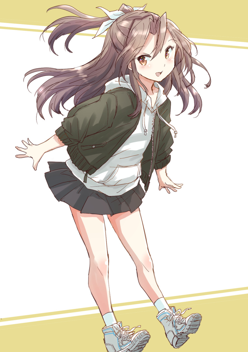 1girl black_jacket black_skirt brown_hair commentary_request fuji_(pixiv24804665) full_body high_ponytail highres hood hooded_sweater hoodie jacket kantai_collection long_hair looking_at_viewer official_alternate_costume open_clothes open_jacket pleated_skirt ribbon shoes skirt sneakers solo sweater white_ribbon white_sweater zuihou_(kancolle)