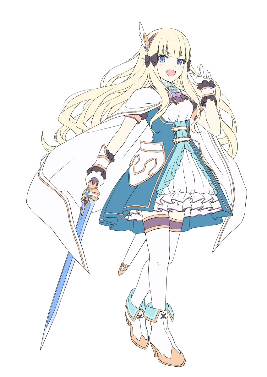 1girl absurdres bangs blonde_hair blue_coat blue_eyes boots bow cape cleavage_cutout clothing_cutout coat dress full_body gloves hair_bow hair_ornament hair_tucking hand_up high_heel_boots high_heels highres holding holding_sword holding_weapon jabot laika_(sputnik2nd) long_hair looking_at_viewer open_mouth pointy_ears princess_connect! saren_(princess_connect!) sidelocks simple_background smile solo sword thigh-highs v-shaped_eyebrows walking weapon white_background white_cape white_dress white_footwear white_gloves white_legwear