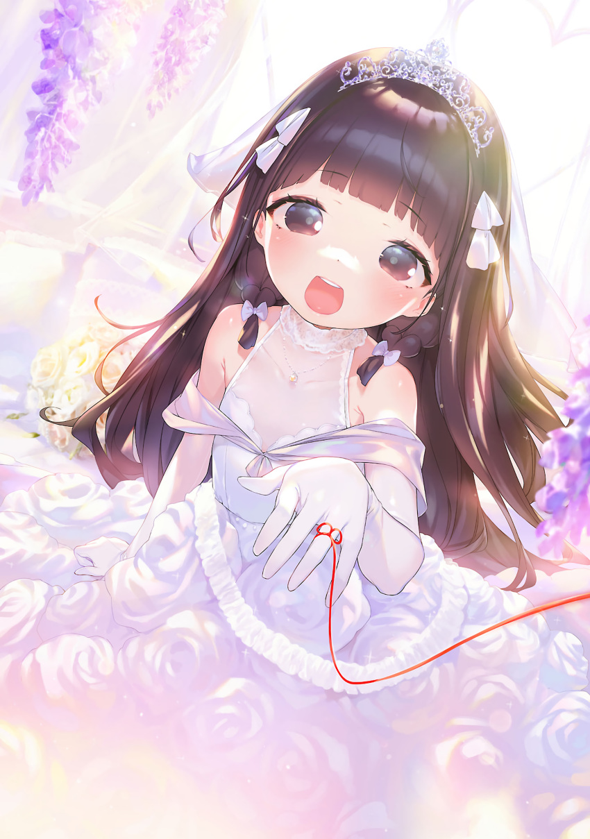 1girl absurdres backlighting bangs bare_shoulders black_eyes black_hair blunt_bangs blush bow bridal_veil bride collarbone dress elbow_gloves eyebrows_visible_through_hair flat_chest flower gloves hair_bow henreader highres jewelry kyou_kara_ore_wa_loli_no_himo! looking_at_viewer necklace nijou_touka non-web_source open_mouth smile solo string string_around_finger string_of_fate tiara upper_body veil wedding_dress white_dress white_gloves