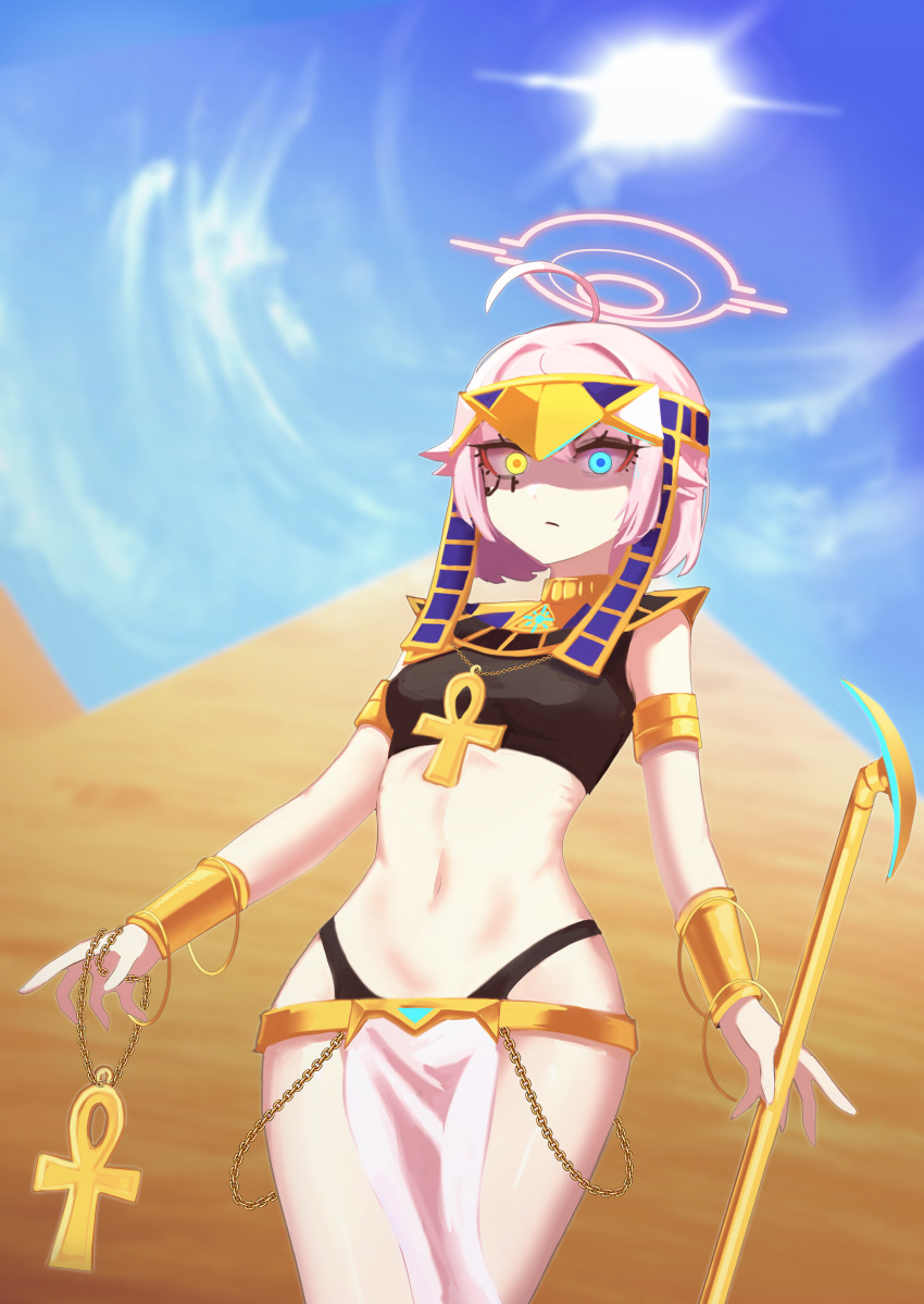 1girl absurdres ahoge ankh armlet bikini black_tank_top blue_archive blue_eyes blue_sky bracelet earrings egypt egyptian egyptian_clothes eye_of_horus facial_mark frown glowing glowing_eyes gold halo heterochromia highleg highleg_bikini highres holding holding_staff hoop_earrings hoshino_(blue_archive) jewelry korean_commentary looking_at_viewer midriff navel pelvic_curtain pink_hair pyramid short_hair sky staff sun swimsuit tank_top usekh_collar user_evmh2537 yellow_eyes