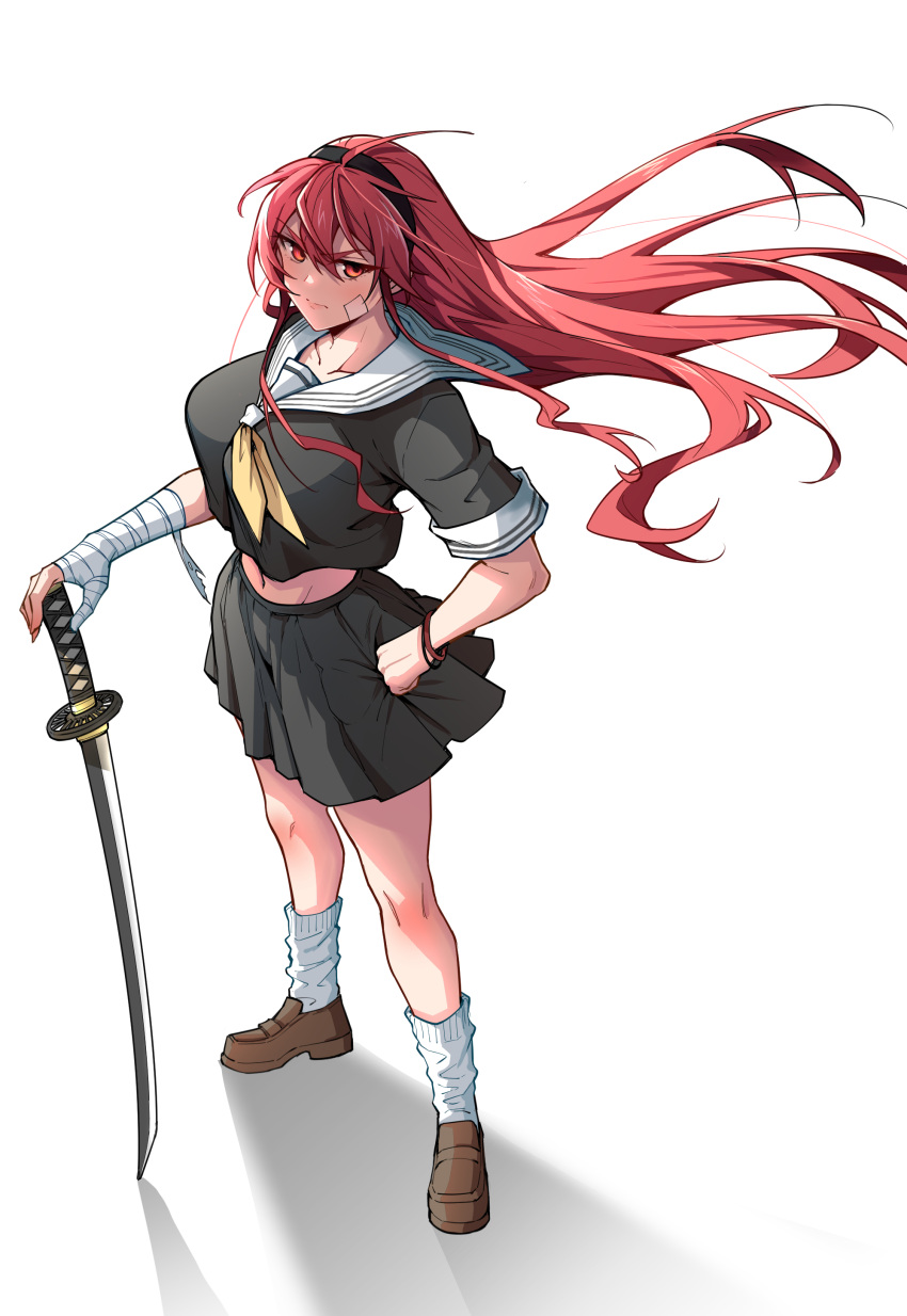 1girl absurdres ahoge bandaid bandaid_on_face bangs black_hairband breasts chubb crossed_bangs eris_greyrat hair_between_eyes hairband highres holding holding_sword holding_weapon katana large_breasts long_hair mushoku_tensei red_eyes redhead school_uniform sword thick_eyebrows weapon