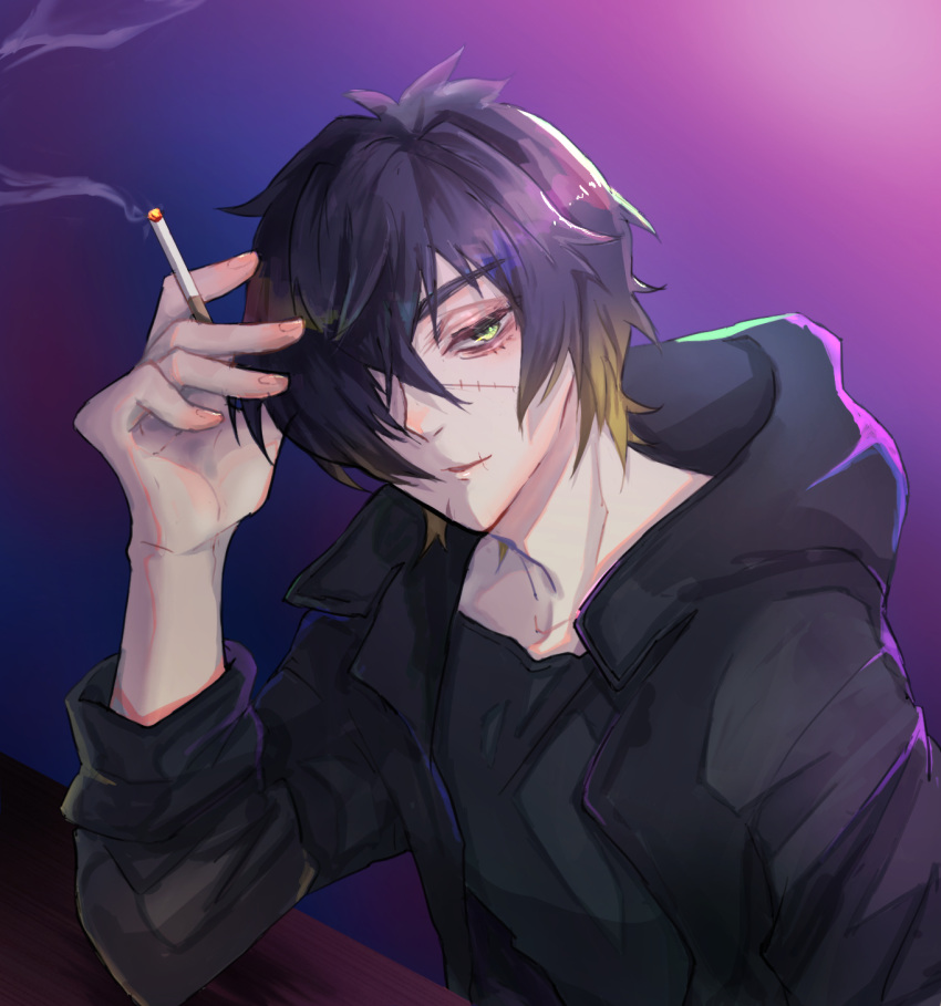 1boy black_jacket cigarette elbow_on_table gradient gradient_background gradient_hair green_eyes hair_over_one_eye highres holding holding_cigarette hood hood_down hooded_jacket jacket koimi_xx male_focus multicolored_hair purple_background scar scar_on_face short_hair slow_damage smoking solo stitches table towa_(slow_damage)