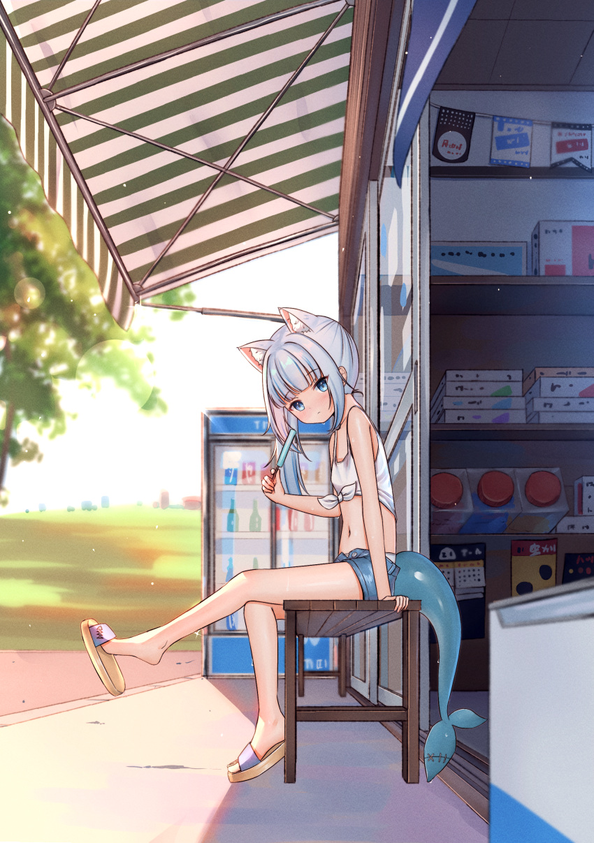 1girl cat_ears chair from_side gawr_gura hololive hololive_english ice_cream lifted_clothing looking_at_viewer navel refrigerator shadow shark_girl shark_tail shop sitting slippers stomach summer sunlight sweat tree