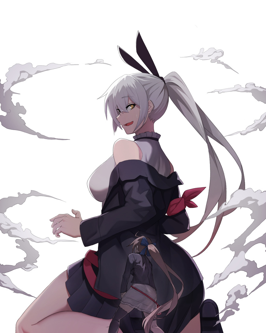 2girls absurdres animal_ears back bangs black_jacket black_legwear black_skirt blonde_hair blue_bow bow breasts cero_(last2stage) clouds commission dress english_commentary eyebrows_visible_through_hair fake_animal_ears fal_(girls'_frontline) feet_out_of_frame five-seven_(girls'_frontline) giant giantess girls_frontline grey_hair hair_bow highres jacket jacket_pull long_hair long_sleeves looking_at_viewer medium_breasts multiple_girls on_floor open_clothes open_jacket open_mouth pixiv_request ponytail shirt sideboob single_thighhigh skirt smoke standing sweatdrop thigh-highs white_background white_dress white_shirt yellow_eyes