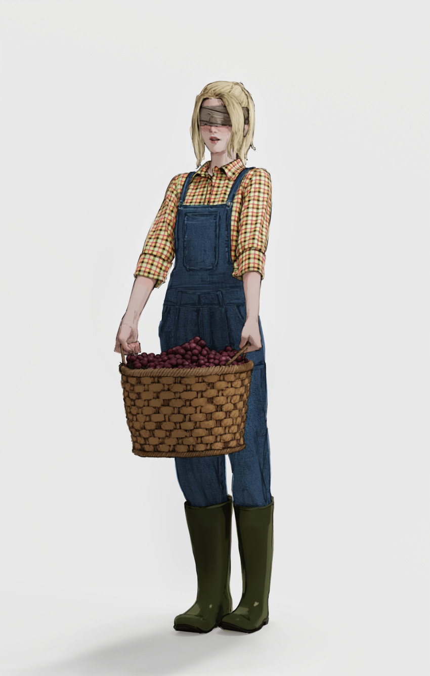 1girl absurdres atamagaitai basket blindfold blonde_hair blush boots commentary crying elden_ring english_commentary food fruit full_body grapes highres holding holding_basket hyetta_(elden_ring) knee_boots medium_hair overalls plaid plaid_shirt ponytail rubber_boots shirt simple_background solo streaming_tears tears