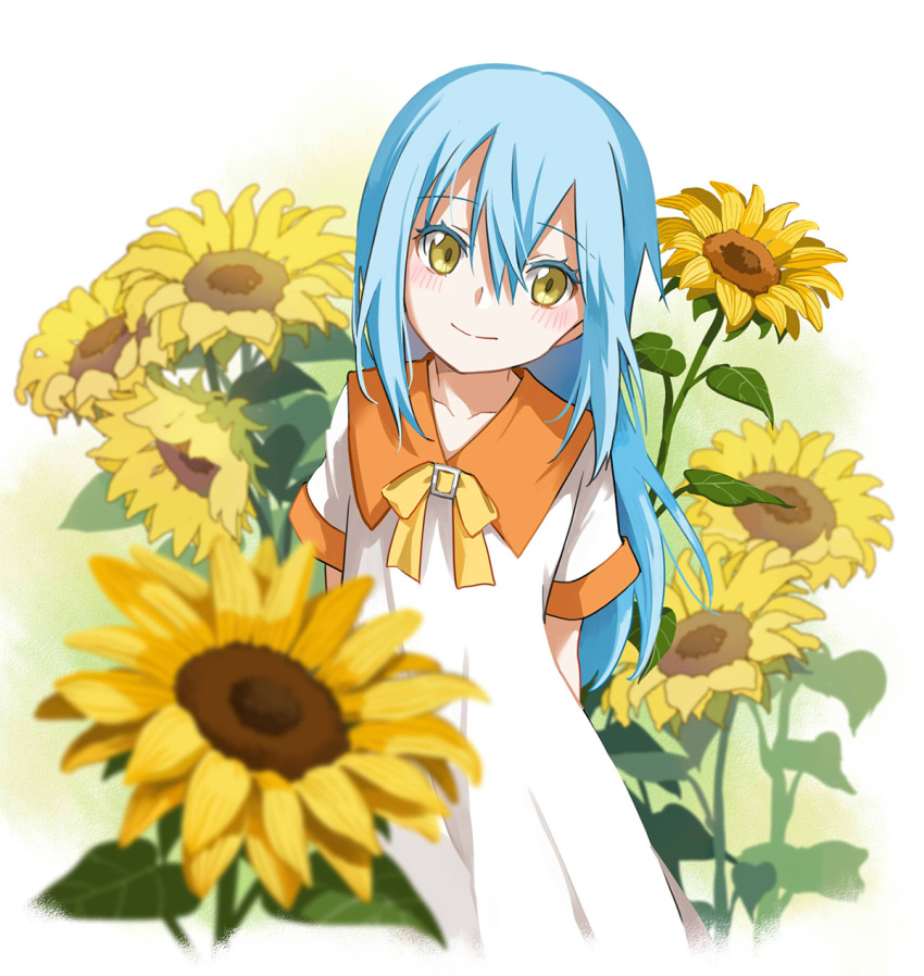 1girl arms_behind_back bangs blue_hair blurry blurry_foreground blush bow bowtie closed_mouth collarbone dress eyebrows_visible_through_hair flower hair_between_eyes highres long_hair looking_at_viewer rimuru_tempest short_sleeves shoura smile solo straight_hair sundress sunflower tensei_shitara_slime_datta_ken white_background white_dress yellow_bow yellow_bowtie yellow_eyes younger