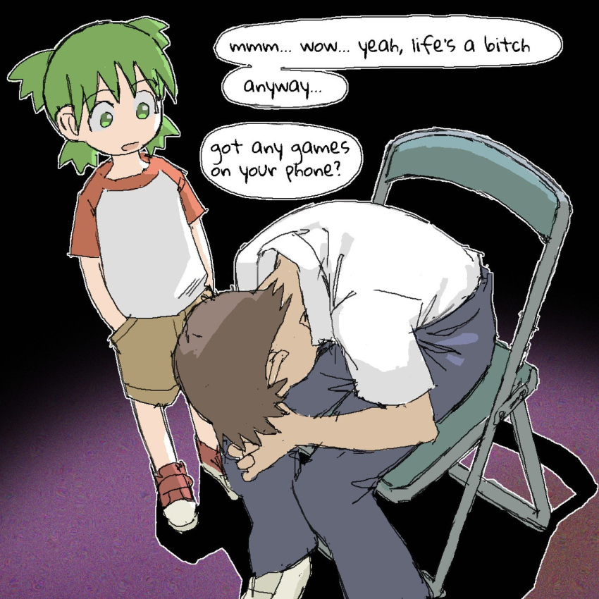 1boy 1girl chair crossover depressed english_text green_hair highres ikari_shinji koiwai_yotsuba meme neon_genesis_evangelion pantsu-ripper school_uniform shinji_in_a_chair_(meme) shorts tokyo-3_middle_school_uniform yotsubato!