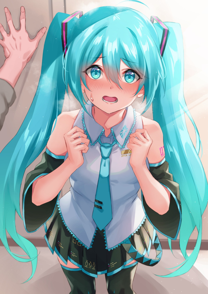 1boy 1girl ahoge bangs bare_shoulders black_legwear black_skirt black_sleeves blue_eyes blue_hair blue_necktie blush collared_shirt commentary_request detached_sleeves eyebrows_visible_through_hair feet_out_of_frame hair_between_eyes hands_up hatsune_miku highres inue_ao kabedon long_hair looking_at_viewer necktie open_mouth pleated_skirt pov pov_hands shirt short_sleeves skirt sleeveless sleeveless_shirt solo_focus standing sweat thigh-highs tie_clip twintails very_long_hair vocaloid white_shirt wide_sleeves