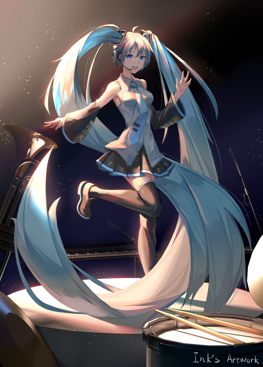 1girl :d absurdly_long_hair absurdres ahoge artist_name bangs black_footwear black_skirt black_sleeves blue_eyes blue_hair boots breasts chinese_commentary collared_shirt commentary detached_sleeves dress_shirt drum drumsticks floating_hair grey_shirt hair_between_eyes hair_ornament hatsune_miku headphones headset highres inkrua instrument keyboard_(instrument) long_hair long_sleeves medium_breasts microphone miniskirt open_mouth pleated_skirt shirt sideboob skirt sleeveless sleeveless_shirt smile solo standing standing_on_one_leg thigh-highs thigh_boots twintails very_long_hair vocaloid wing_collar zettai_ryouiki