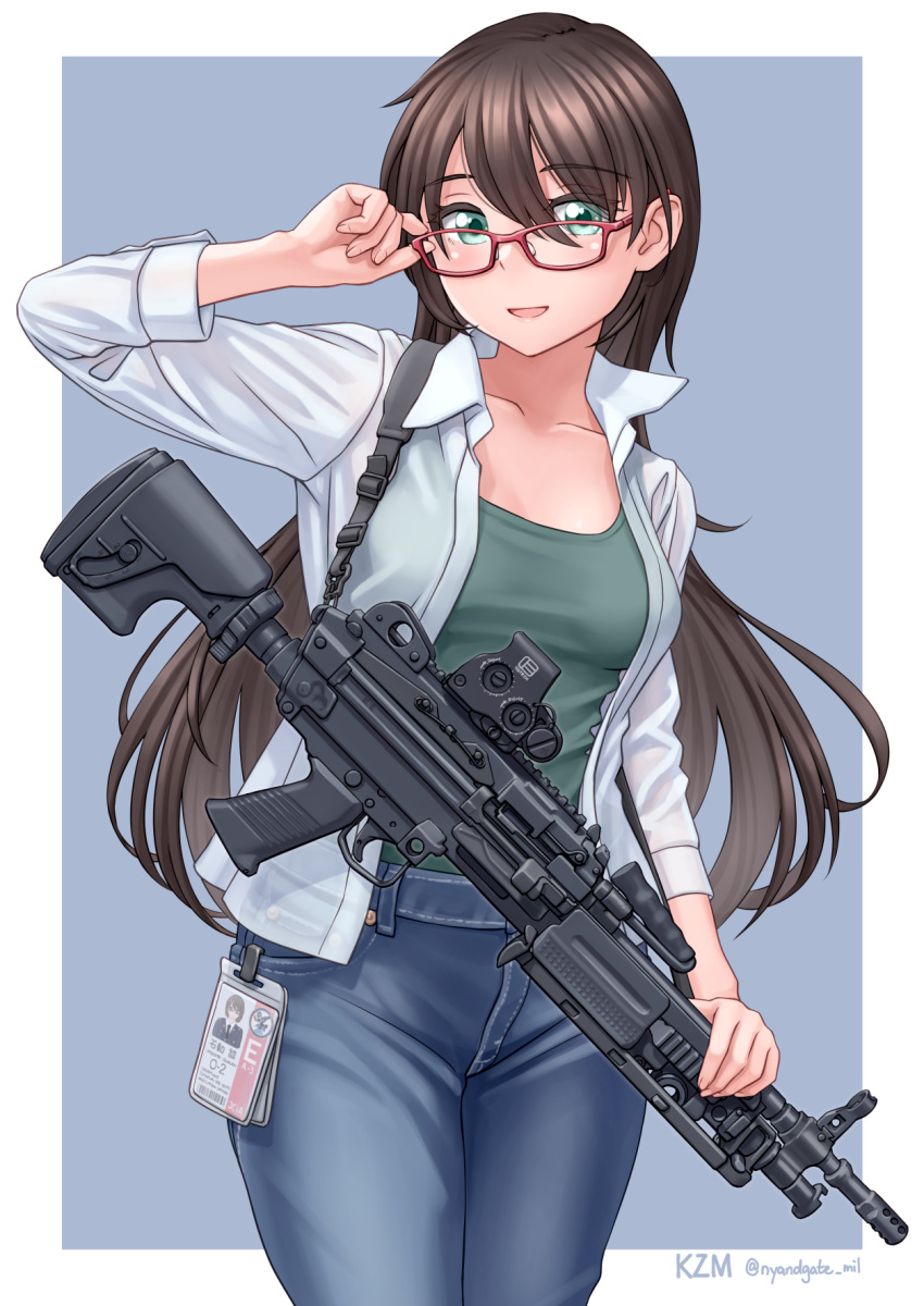 blush breasts brown_hair collarbone commentary_request denim eotech eyebrows_visible_through_hair fn_minimi glasses green_eyes gun highres id_card jeans light_machine_gun long_hair long_sleeves looking_at_viewer medium_breasts open_clothes open_shirt original pants reflex_sight signature simple_background smile waruzamurai weapon