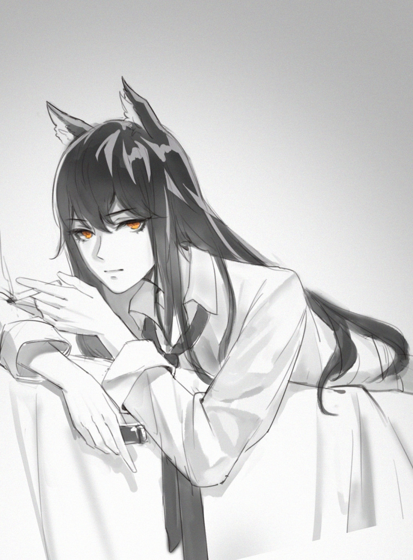 1girl animal_ears arknights cigarette collared_shirt dress_shirt grey_background greyscale hair_between_eyes highres holding holding_cigarette holding_lighter lighter long_hair long_sleeves looking_at_viewer lying monochrome necktie on_bed on_stomach shirt simple_background solo spot_color texas_(arknights) was775 wolf_ears yellow_eyes