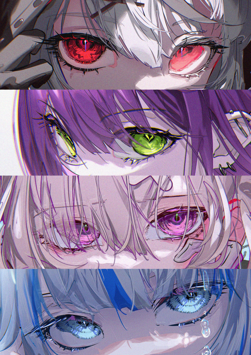 4girls absurdres blue_eyes blue_hair close-up commentary commentary_request ear_piercing eyebrows_visible_through_hair eyelashes eyes_visible_through_hair gawr_gura green_eyes grey_hair hair_between_eyes hair_ornament hairclip hand_up highres hololive hololive_english looking_at_viewer multicolored_hair multiple_girls piercing pink_eyes purple_hair red_eyes roitz_(_roitz_) shaded_face slit_pupils symbol-shaped_pupils two-tone_hair water white_hair