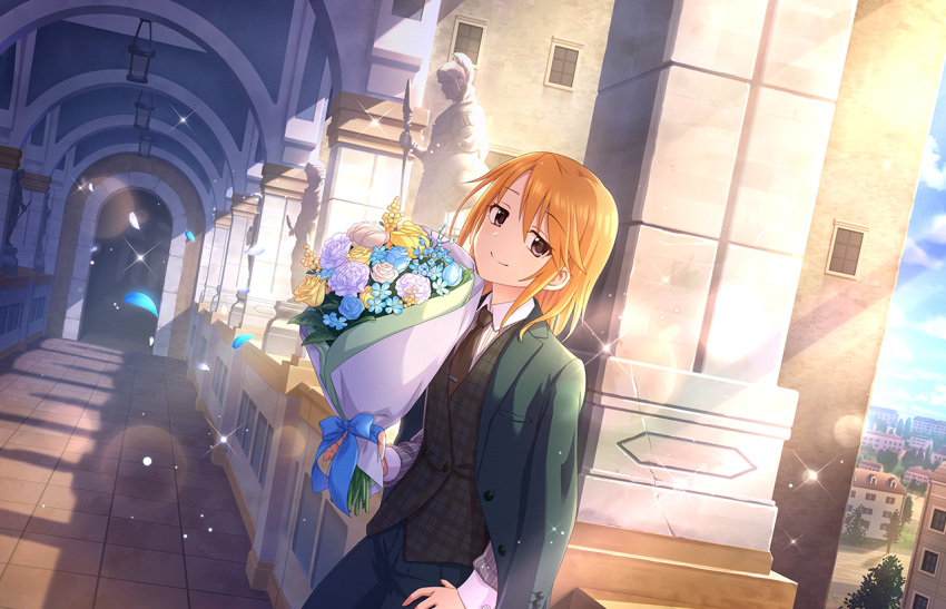 1girl bouquet crossdressing day eyebrows_visible_through_hair falling_petals formal green_jacket green_vest holding holding_bouquet idolmaster idolmaster_cinderella_girls idolmaster_cinderella_girls_starlight_stage jacket jacket_on_shoulders leaning_back lens_flare light_rays looking_at_viewer necktie official_art petals pillar plaid plaid_vest smile solo sparkle statue suit sunlight tile_floor tiles vest yuuki_haru