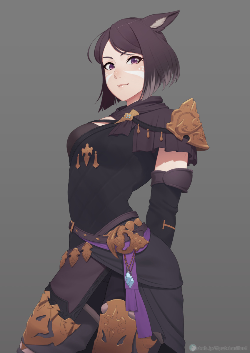 1girl abs animal_ears avatar_(ff14) bangs black_hair breasts cat_ears commission elbow_gloves facial_mark final_fantasy final_fantasy_xiv gloves grey_background highres looking_at_viewer medium_breasts miqo'te parted_bangs putcher short_hair skeb_commission smile solo