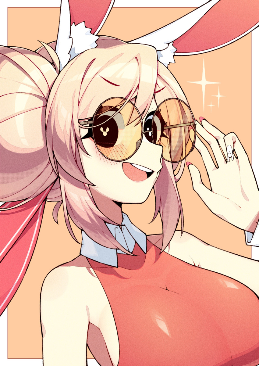 1girl absurdres animal_ear_fluff animal_ears bangs bare_shoulders black_eyes blonde_hair blush border borrowed_character breasts bunny-shaped_pupils double_bun english_commentary eyebrows_visible_through_hair fiz_(fizintine) glasses highres large_breasts looking_at_viewer nail_art nail_polish open_mouth original pink_nails rabbit_ears rabbit_girl round_eyewear shirt sidelocks sleeveless sleeveless_shirt smile solo symbol-shaped_pupils unexistarts upper_body v-shaped_eyebrows white_border