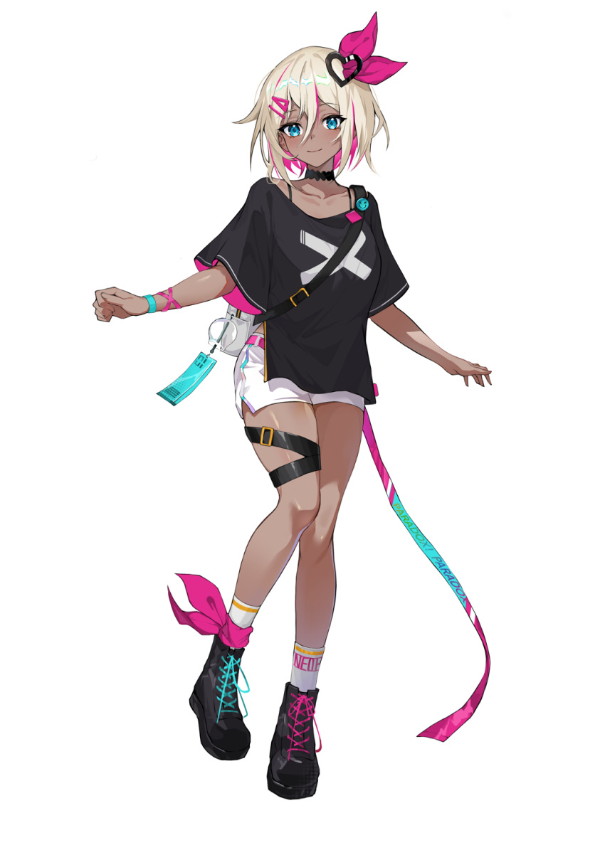 1girl bare_legs black_choker black_footwear black_shirt blue_eyes boots bra_strap character_request choker copyright_request dark_skin full_body hair_ribbon highres looking_at_viewer multicolored_hair paradox pink_hair pink_ribbon ribbon shirt short_hair short_shorts short_sleeves shorts simple_background smile socks solo standing streaked_hair t-shirt thigh_strap thighs white_background white_hair white_legwear white_shorts