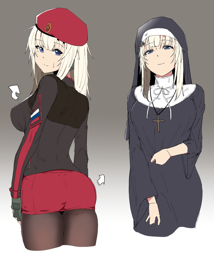2girls absurdres ak74m_(girls'_frontline) beret black_legwear blonde_hair blue_eyes breasts camouflage_gloves cross cross_necklace girls_frontline hair_ornament hat highres jewelry large_breasts looking_at_viewer looking_back multiple_girls necklace nun pantyhose red_headwear red_star russian_flag skirt snowflake_hair_ornament tactical_clothes wilsn_koon