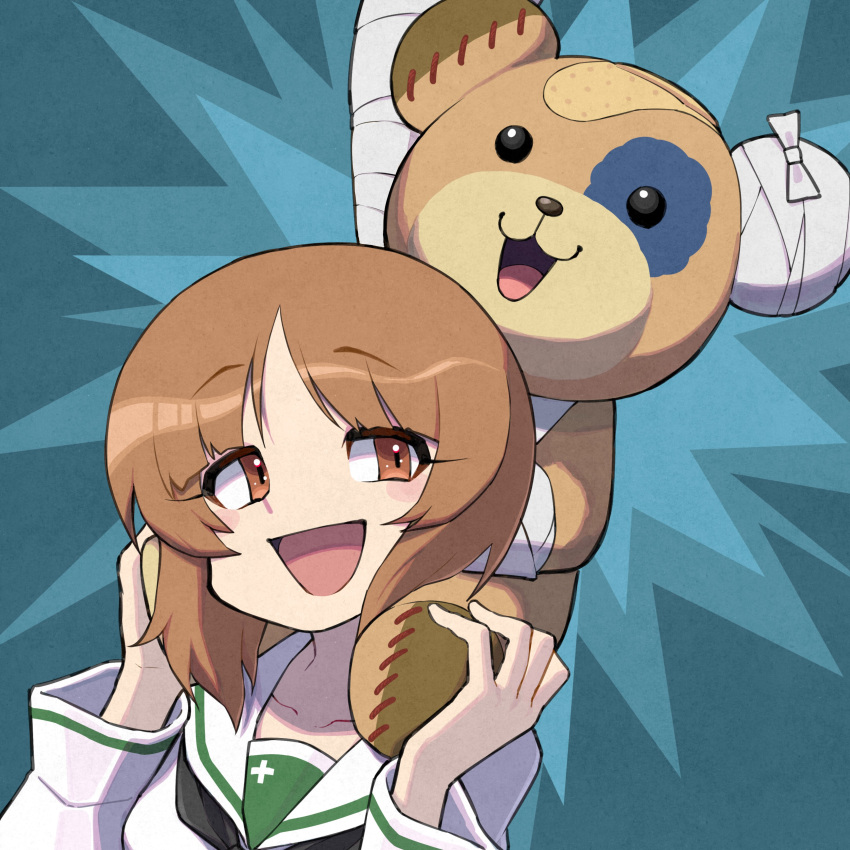 1girl :d absurdres bandages bandaid bangs black_neckerchief blouse boko_(girls_und_panzer) brown_eyes brown_hair commentary eyebrows_visible_through_hair girls_und_panzer highres holding holding_stuffed_toy long_sleeves nakachiruno neckerchief nishizumi_miho ooarai_school_uniform open_mouth sailor_collar school_uniform serafuku shirt short_hair smile solo stuffed_animal stuffed_toy teddy_bear texture white_sailor_collar white_shirt