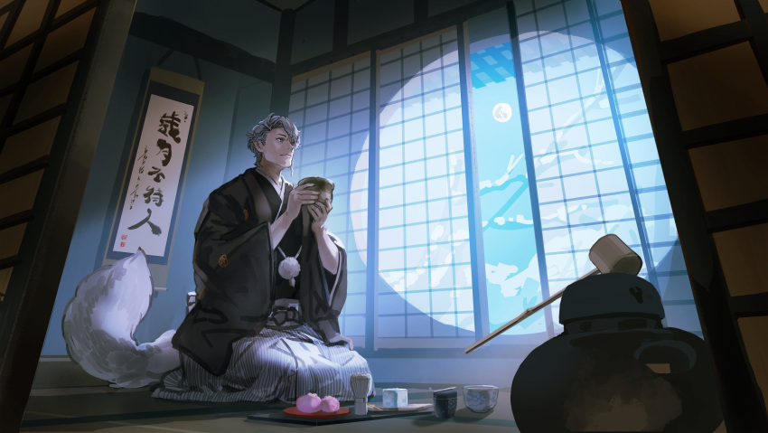 1boy black_kimono bowl burari character_request copyright_request dark eating from_below full_moon hakama hanging_scroll haori highres holding holding_bowl japanese_clothes kimono large_tail looking_to_the_side mallet moon night night_sky perspective pointy_ears posture_request scroll sky smile snow solo tail tea translation_request unfinished