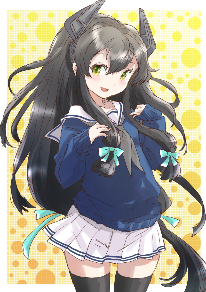 1girl adapted_costume black_hair black_legwear blue_sweater commentary_request fuji_(pixiv24804665) green_eyes grey_neckerchief hair_ribbon headgear highres i-47_(kancolle) kantai_collection long_hair looking_at_viewer low-tied_long_hair neckerchief pleated_skirt ribbon sailor_collar sidelocks skirt solo standing sweater thigh-highs tress_ribbon white_sailor_collar white_skirt zettai_ryouiki