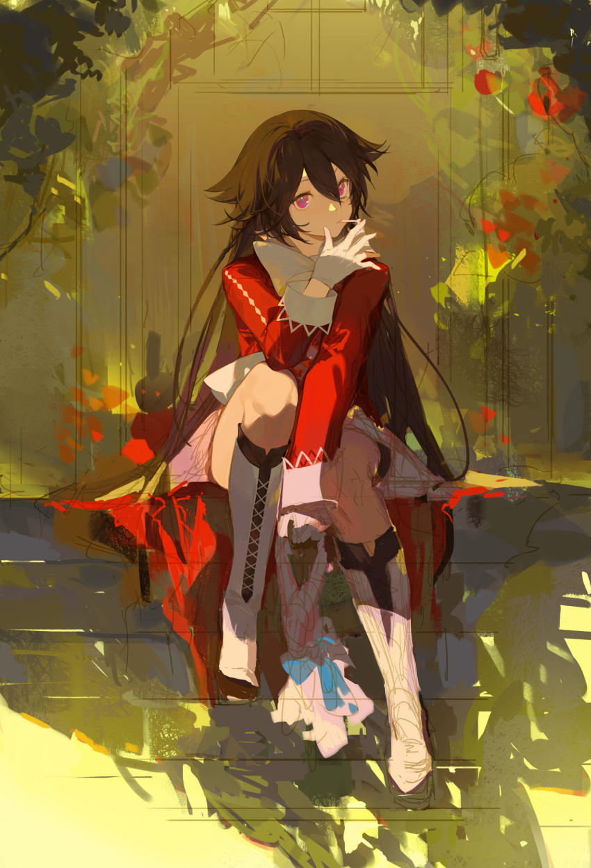 1girl absurdres alice_(pandora_hearts) bangs bone boots bow bowtie brick brown_hair closed_mouth commentary_request dress grass hair_flaps hand_up hayamafair highres knee_boots leaf long_hair long_sleeves looking_at_viewer mouth_hold pandora_hearts red_dress sidelocks sitting solo sunlight very_long_hair white_bow white_bowtie white_footwear