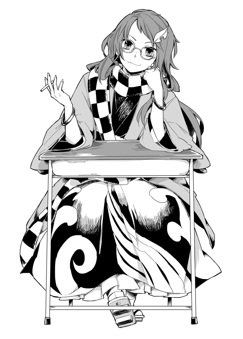 1girl absurdres bangs chair checkered_clothes checkered_scarf cigarette closed_mouth flip-flops full_body futatsuiwa_mamizou glasses grey_eyes grey_hair highres holding holding_cigarette japanese_clothes leaf leaf_on_head long_hair looking_at_viewer monochrome sandals scarf simple_background sitting smile smoking solo table touhou white_background white_legwear yurutintin