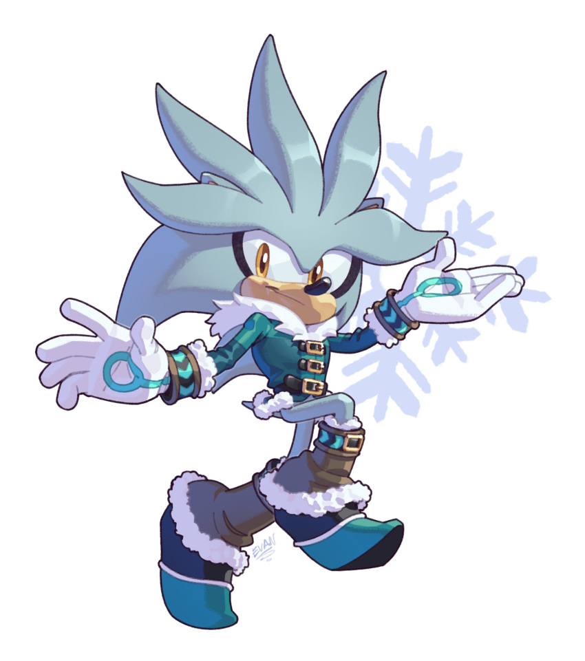 1boy artist_name boots bracelet christmas evan_stanley gloves grey_fur highres jacket jewelry leather leather_belt leg_up long_sleeves looking_to_the_side male_focus pointy_nose silver_the_hedgehog smirk snowflakes solo sonic_(series) yellow_eyes