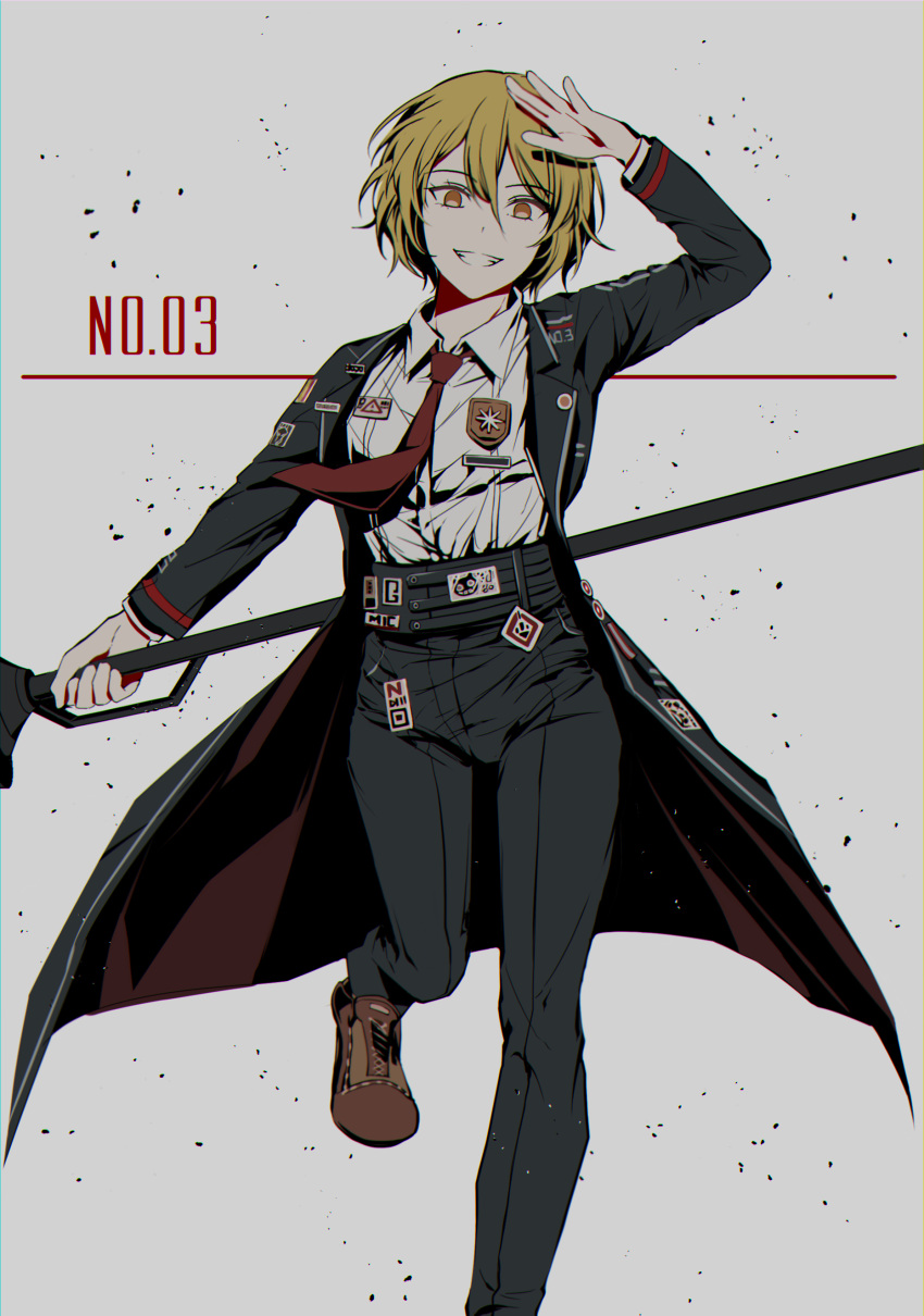 1girl absurdres bangs blonde_hair brown_footwear don_quixote_(limbus_company) highres jacket lance limbus_company necktie pants polearm project_moon red_necktie tractrix weapon yellow_eyes