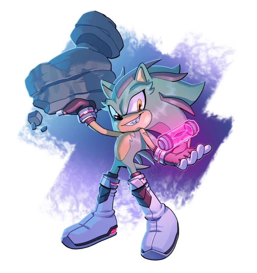 1boy absurdres boots bracelet capsule crystal evan_stanley fang floating floating_object gloves glowing glowing_crystal highres jewelry lifting light looking_to_the_side male_focus multicolored_fur rock shadow_the_hedgehog shoes smirk solo sonic_(series) super_shadow topless_male yellow_eyes