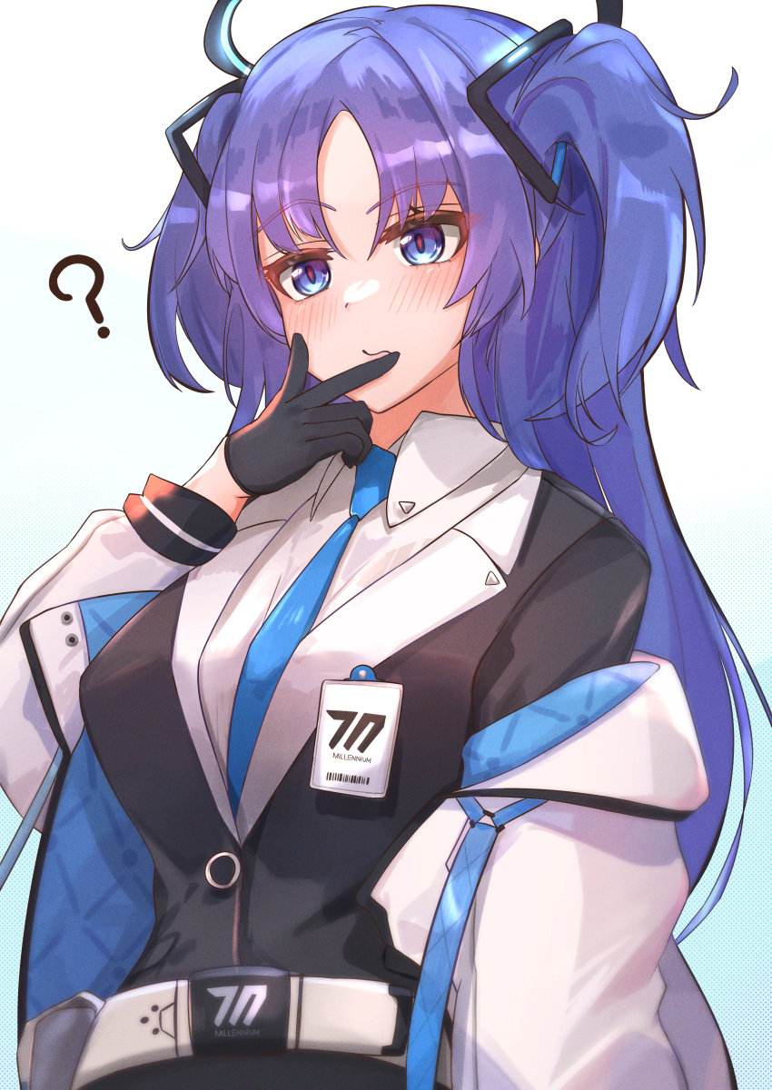 1girl ? absurdres bangs belt black_gloves black_jacket blazer blue_archive blue_eyes blue_hair blue_necktie blush closed_mouth eyebrows_visible_through_hair finger_to_mouth formal gloves hair_ornament hairclip halo highres id_card jacket jacket_pull long_hair looking_away muteppona_hito necktie shirt solo suit twintails upper_body white_background white_jacket white_shirt yuuka_(blue_archive)
